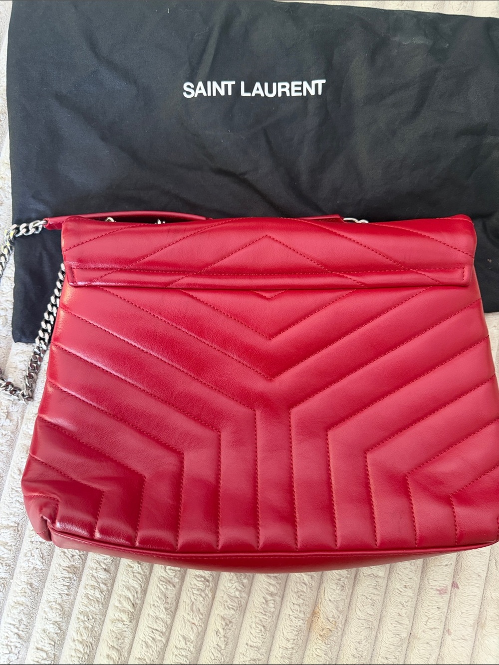 Saint Laurent Red Quilted Chevron Leather Shoulder Bag with Silver YSL Logo - Picture 6 of 6
